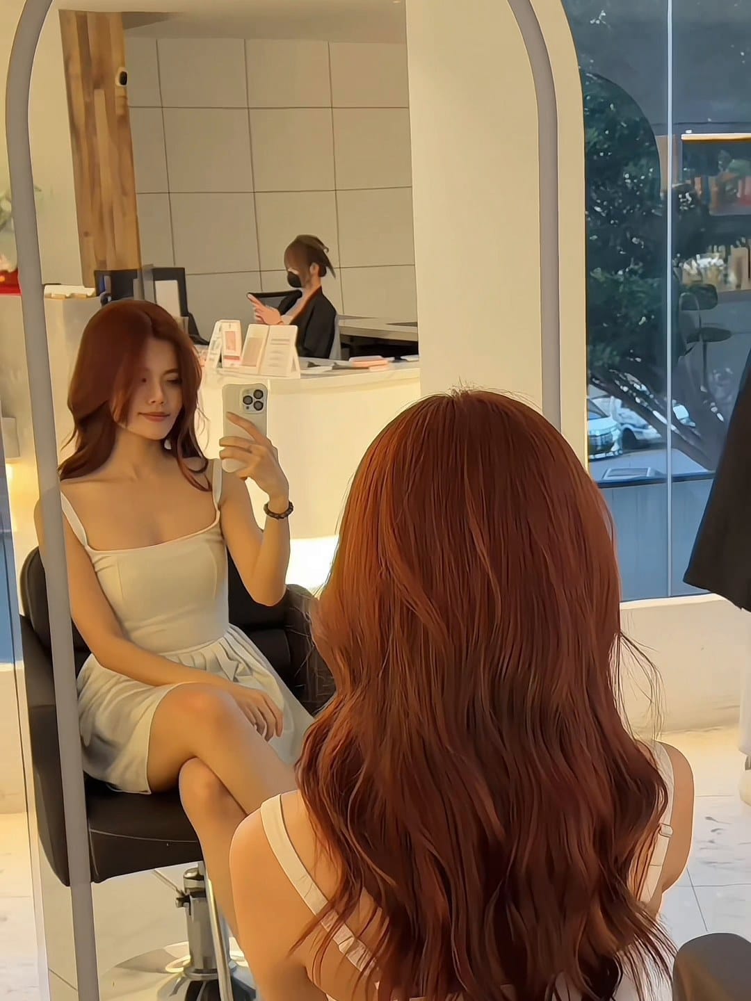 Hair colouring from brown to copper red with waves at Minus Over Hair Studio, after